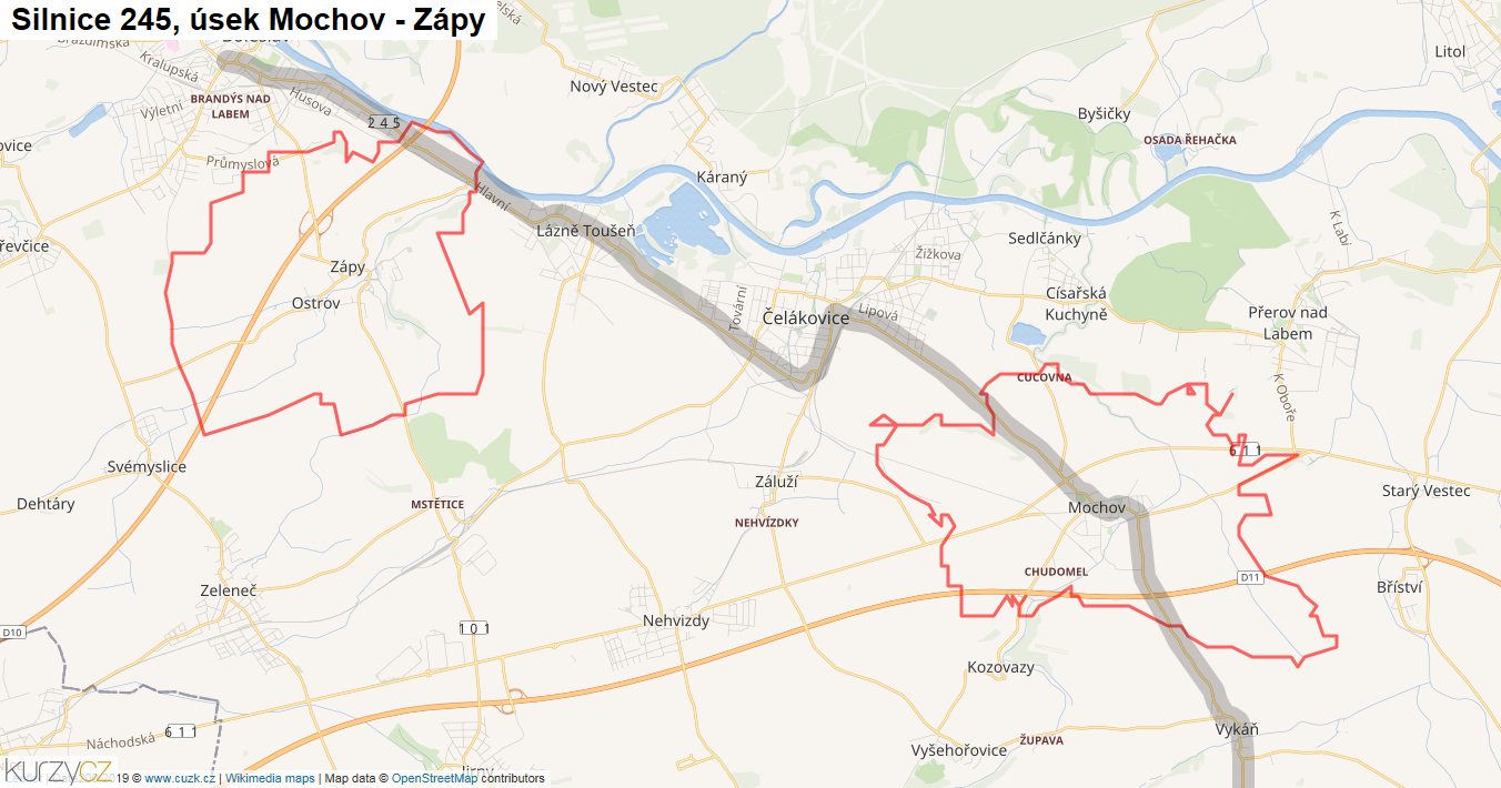 Úsek Mochov - Zápy, Silnice 245 - Mapa