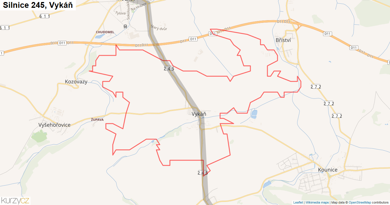 Vykáň, Silnice 245 - Mapa