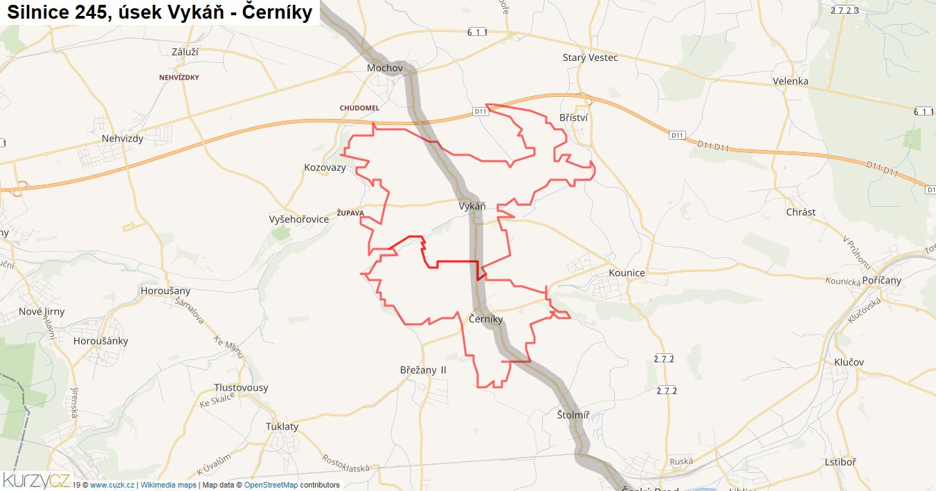 Úsek Vykáň - Černíky, Silnice 245 - Mapa