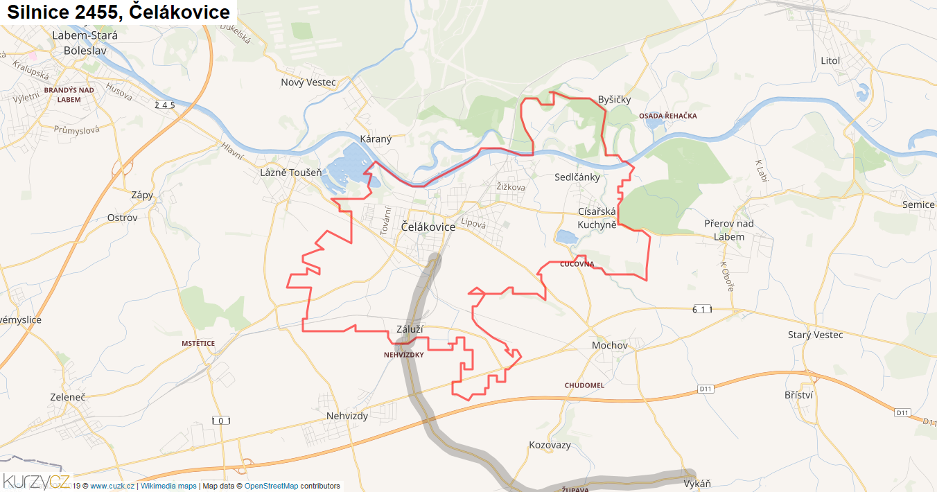 Čelákovice, Silnice 2455 - Mapa