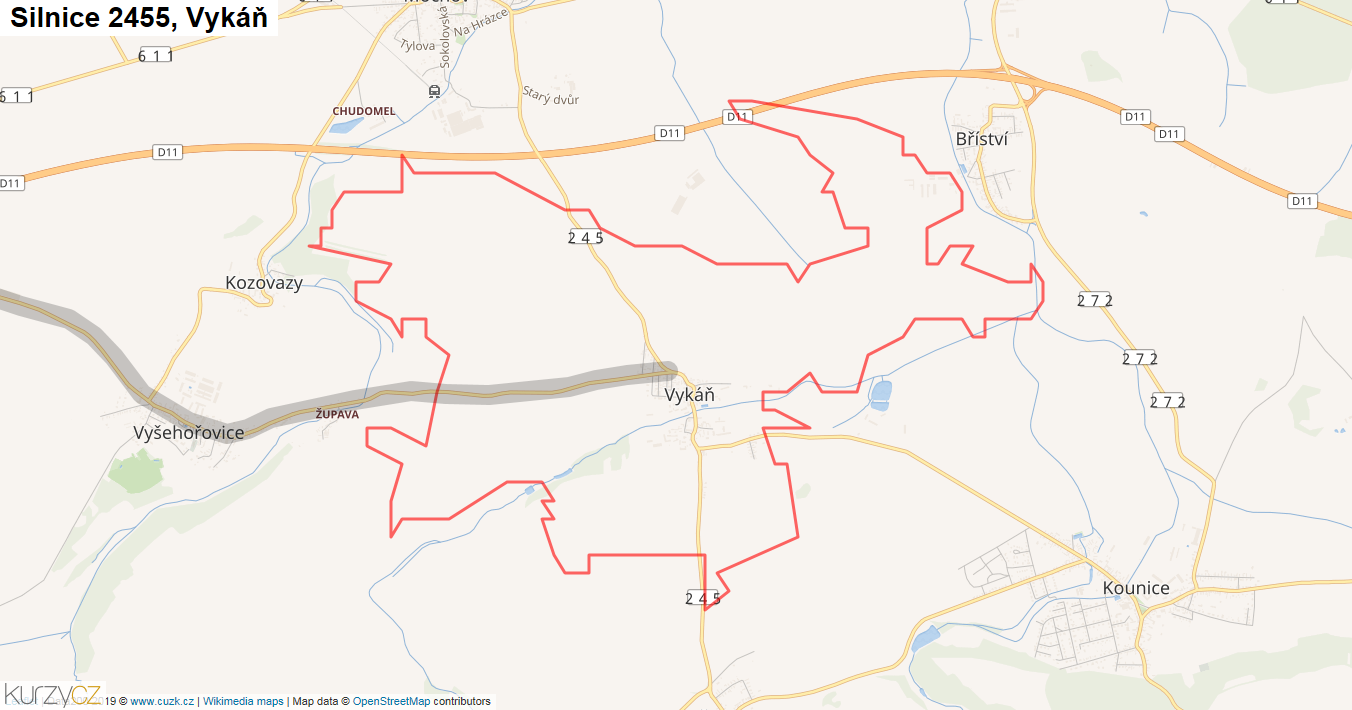 Vykáň, Silnice 2455 - Mapa
