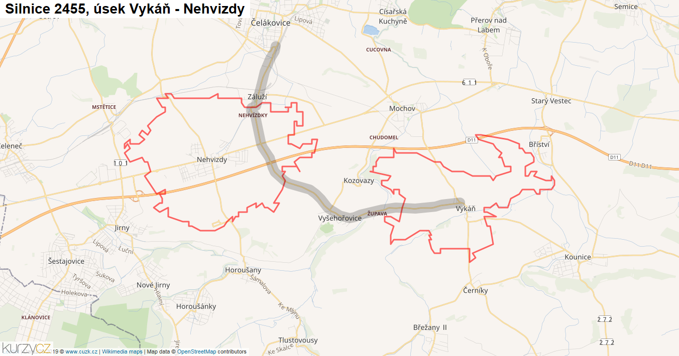 Úsek Vykáň - Nehvizdy, Silnice 2455 - Mapa