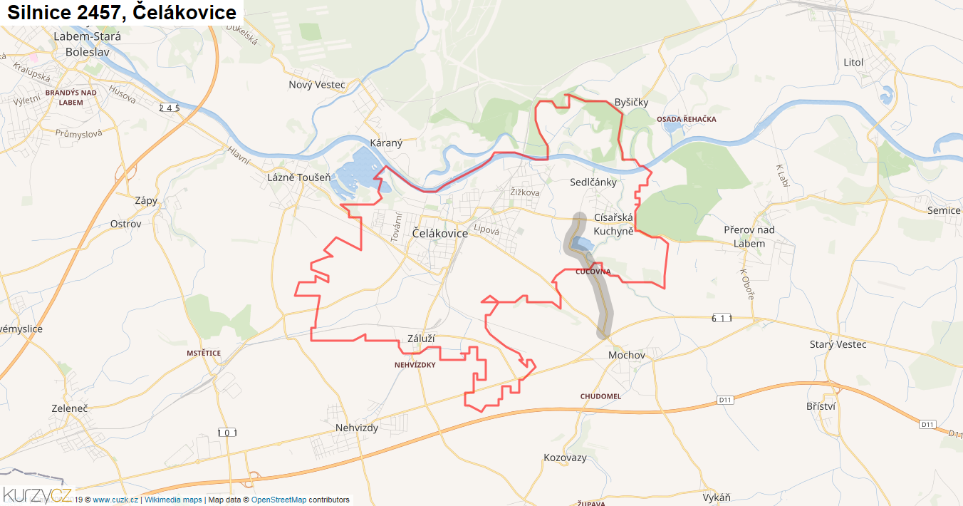 Čelákovice, Silnice 2457 - Mapa