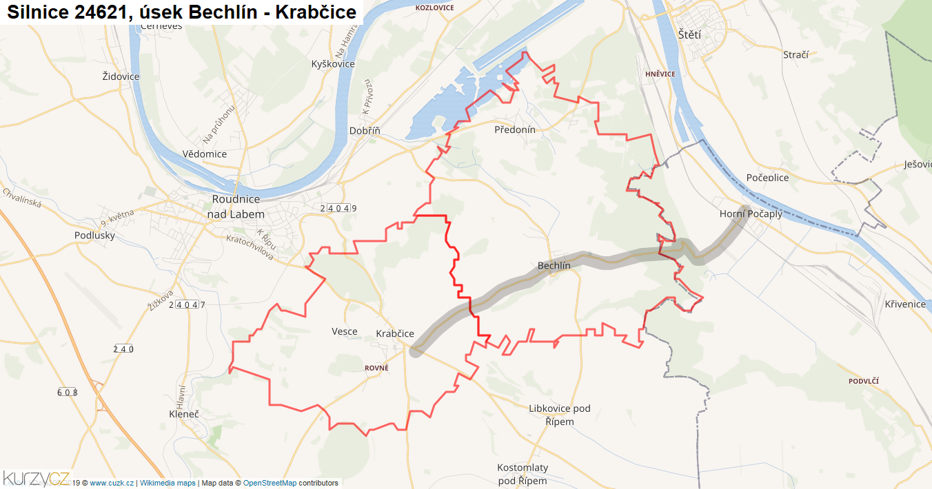 Úsek Bechlín - Krabčice, Silnice 24621 - Mapa