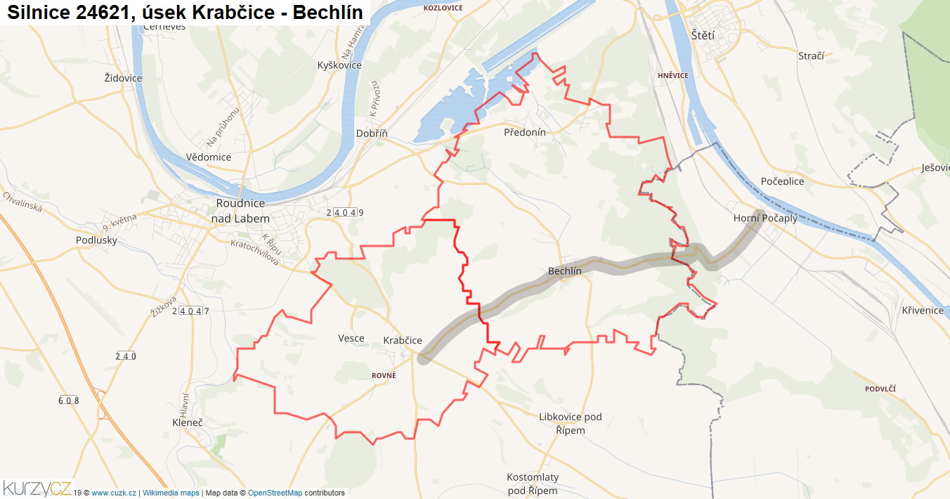 Úsek Krabčice - Bechlín, Silnice 24621 - Mapa