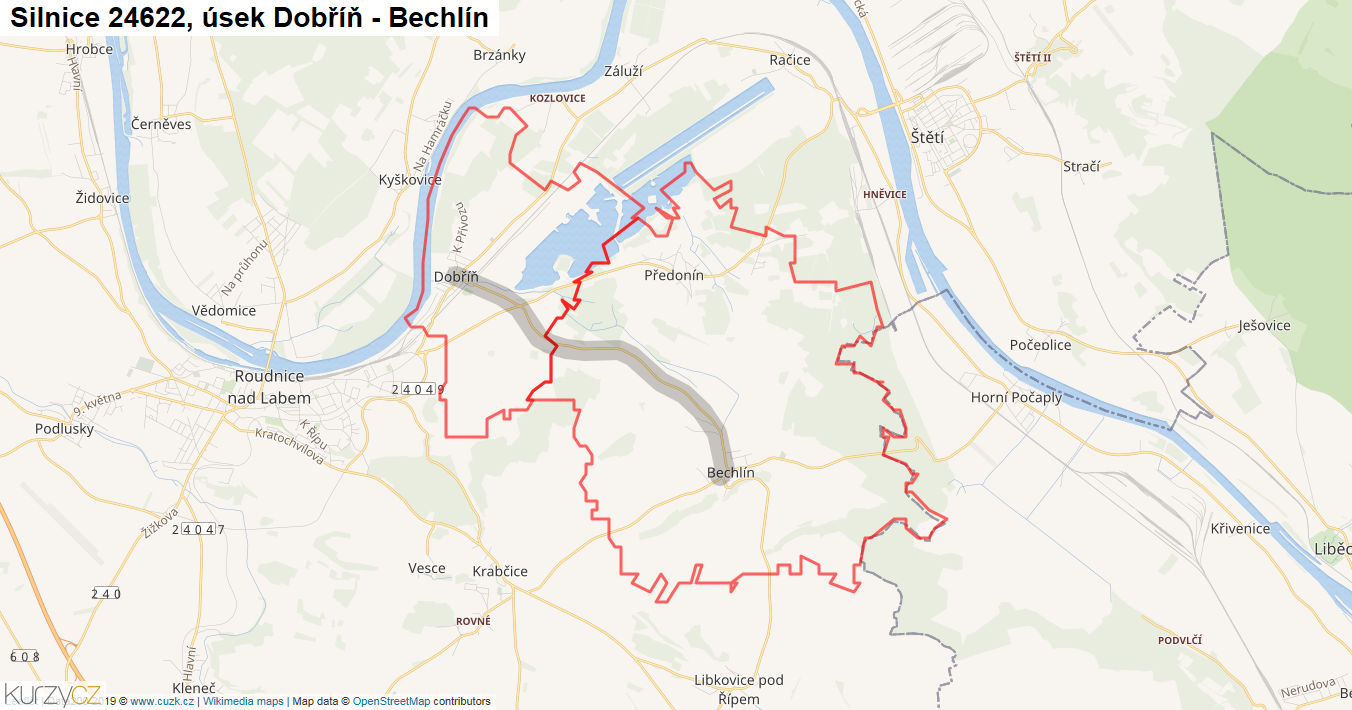 Úsek Dobříň - Bechlín, Silnice 24622 - Mapa