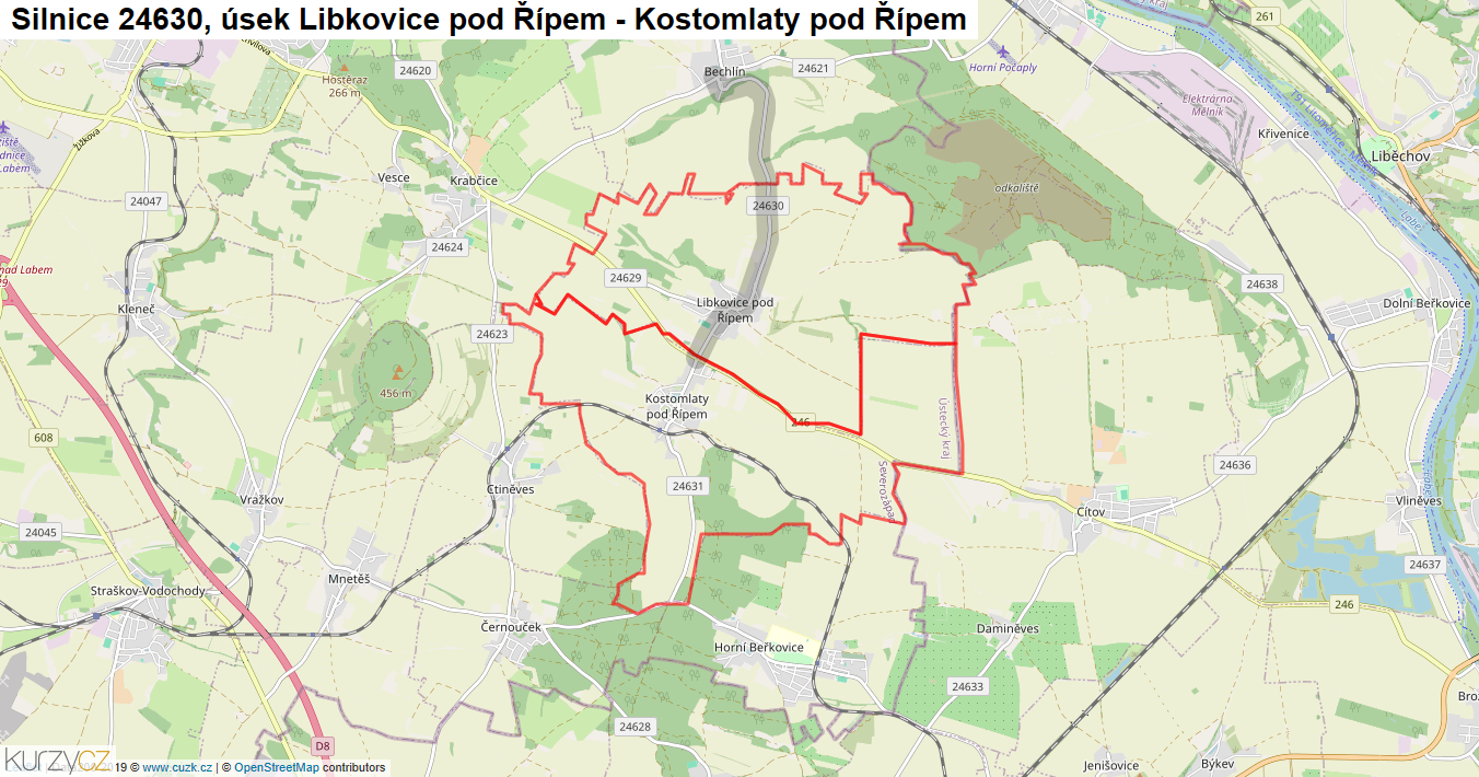 Úsek Libkovice pod Řípem - Kostomlaty pod Řípem, Silnice 24630 - Mapa