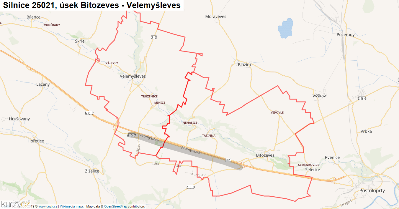 Úsek Bitozeves - Velemyšleves, Silnice 25021 - Mapa