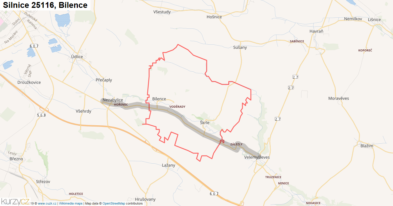 Bílence, Silnice 25116 - Mapa