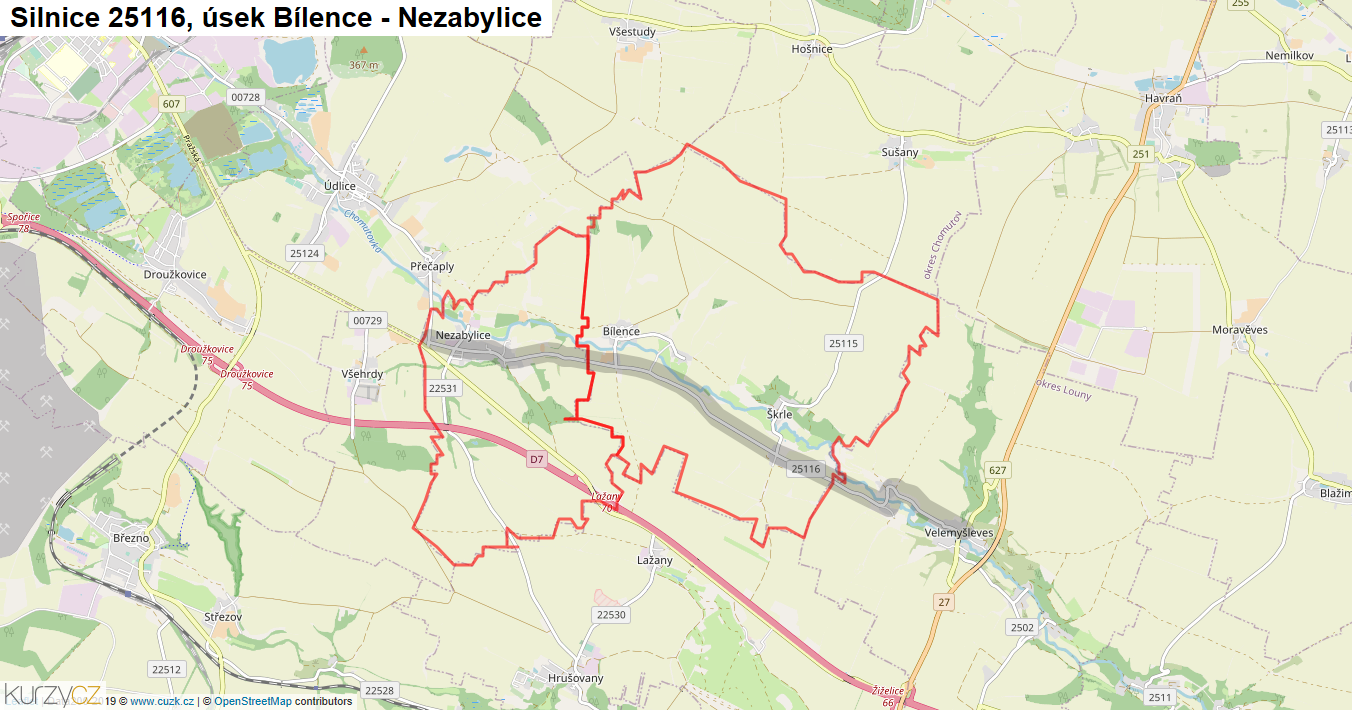 Úsek Bílence - Nezabylice, Silnice 25116 - Mapa