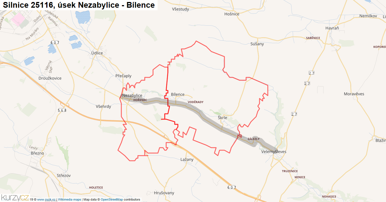 Úsek Nezabylice - Bílence, Silnice 25116 - Mapa