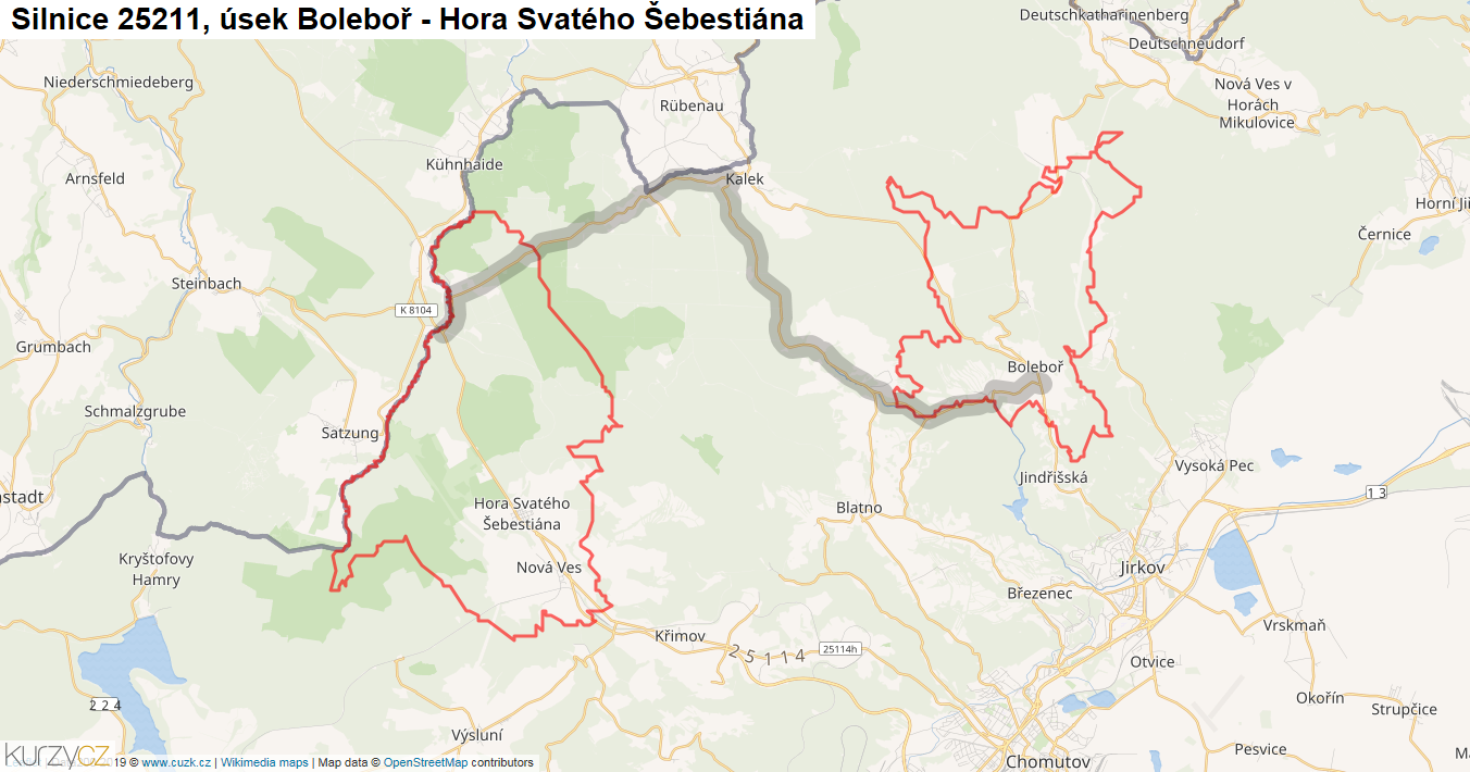 Úsek Boleboř - Hora Svatého Šebestiána, Silnice 25211 - Mapa