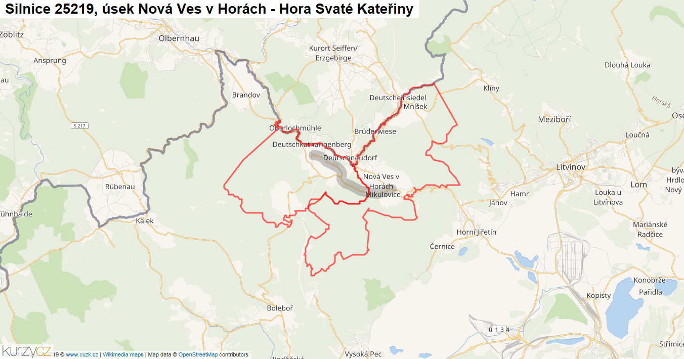 Úsek Nová Ves v Horách - Hora Svaté Kateřiny, Silnice 25219 - Mapa