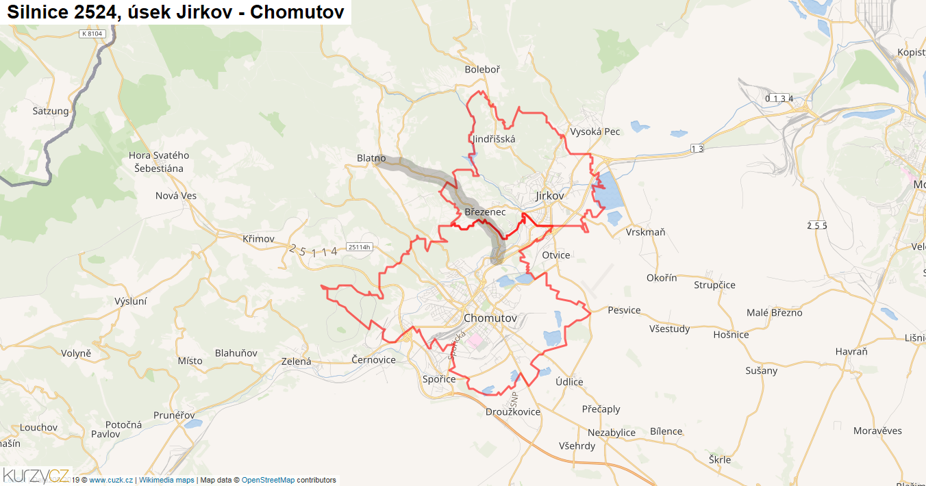 Úsek Jirkov - Chomutov, Silnice 2524 - Mapa
