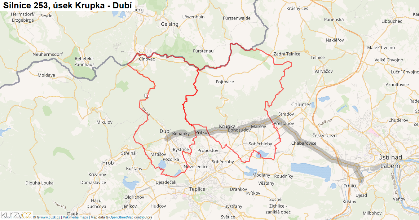 Úsek Krupka - Dubí, Silnice 253 - Mapa