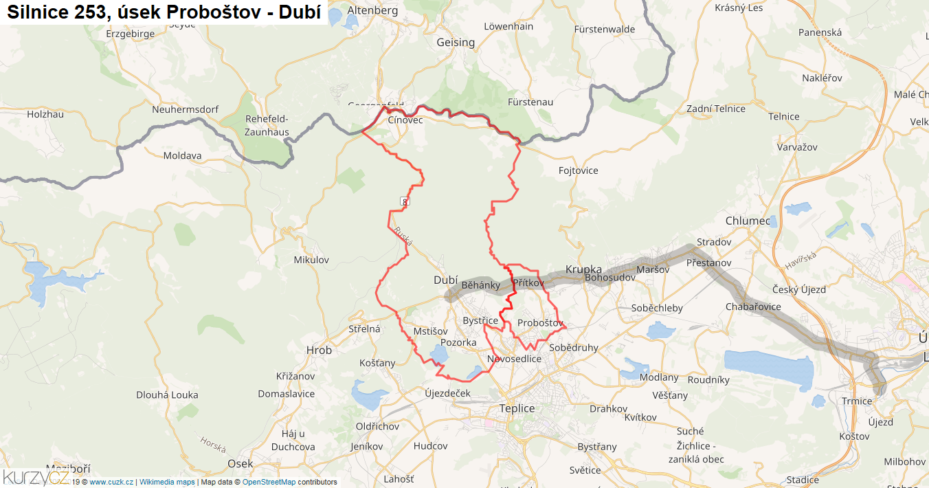 Úsek Proboštov - Dubí, Silnice 253 - Mapa