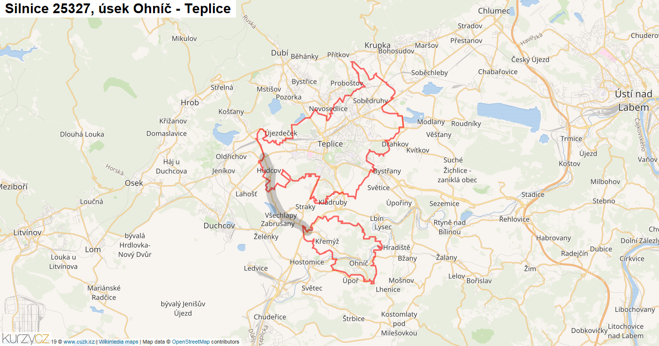 Úsek Ohníč - Teplice, Silnice 25327 - Mapa