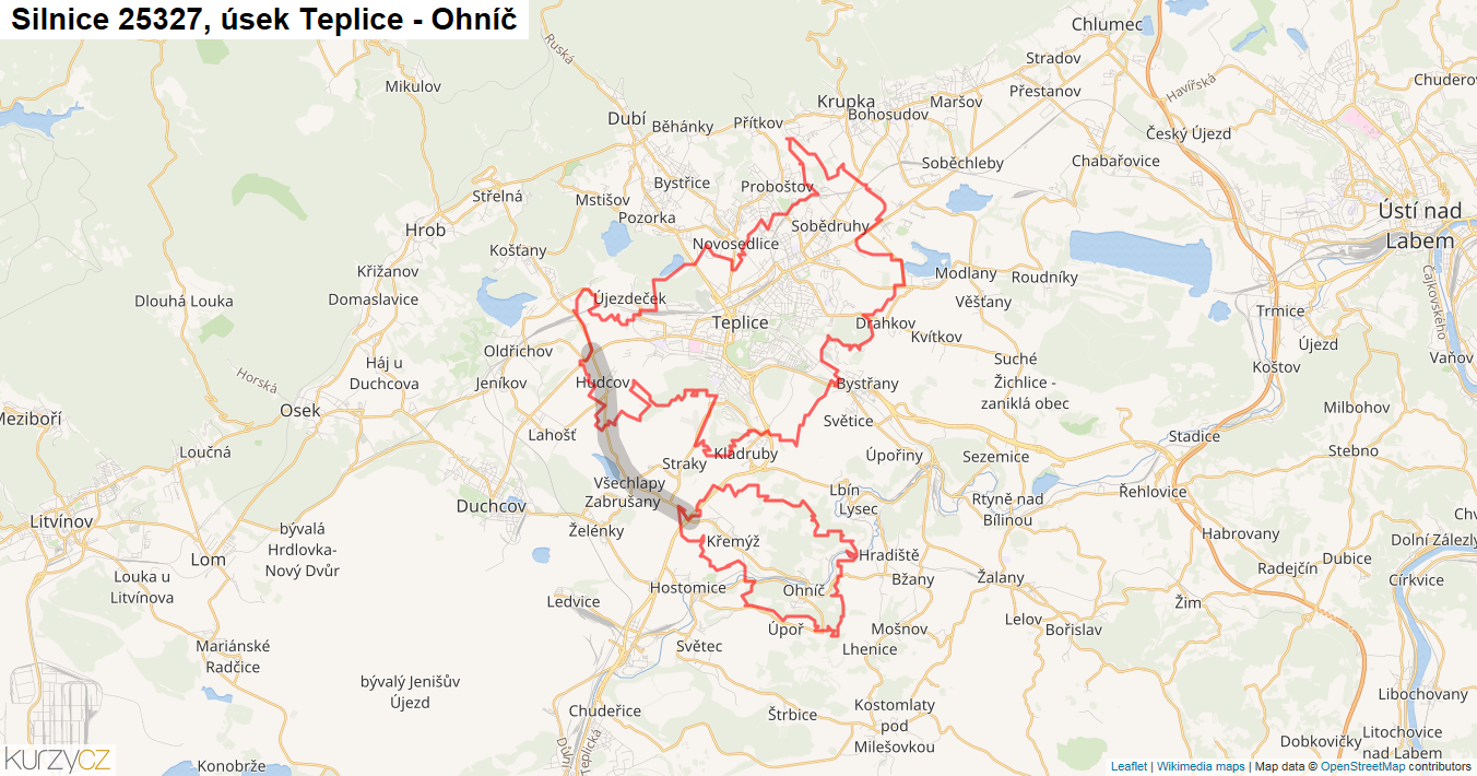 Úsek Teplice - Ohníč, Silnice 25327 - Mapa