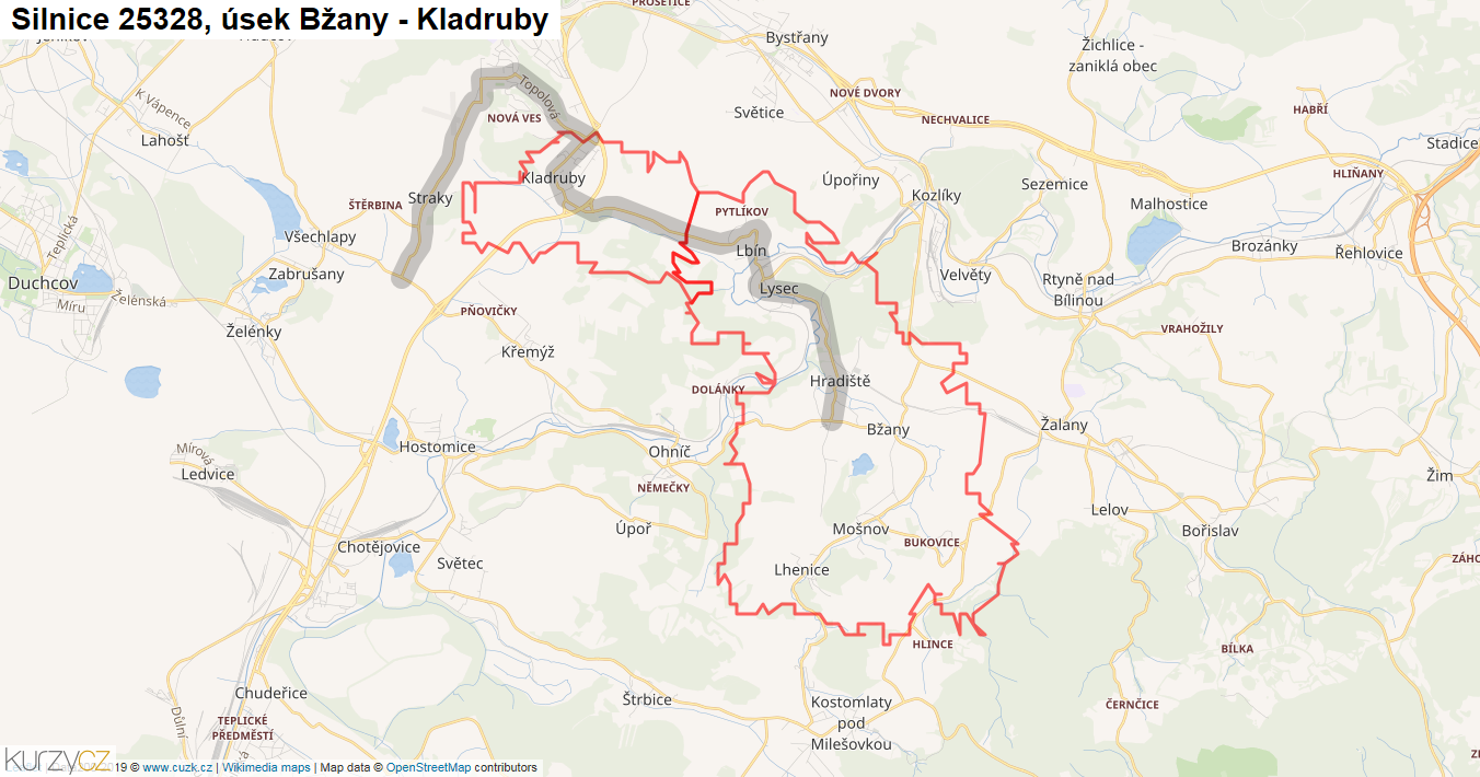 Úsek Bžany - Kladruby, Silnice 25328 - Mapa