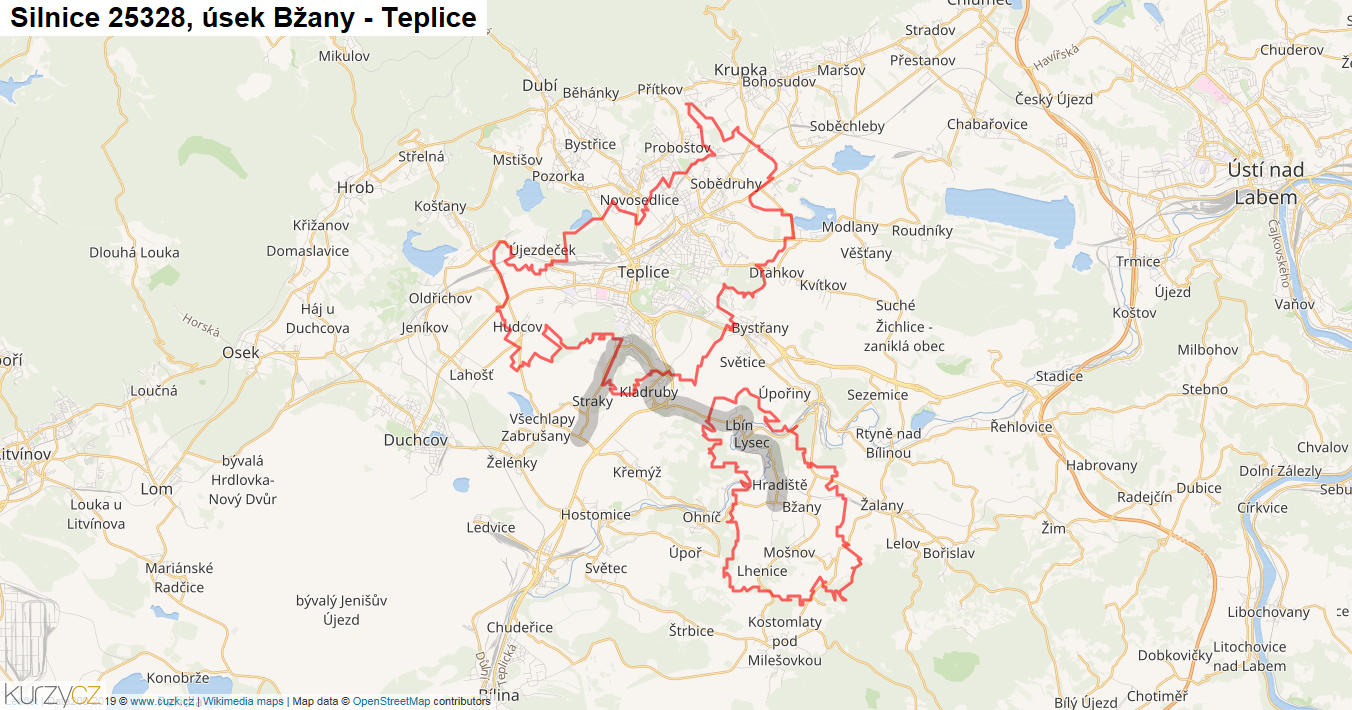 Úsek Bžany - Teplice, Silnice 25328 - Mapa