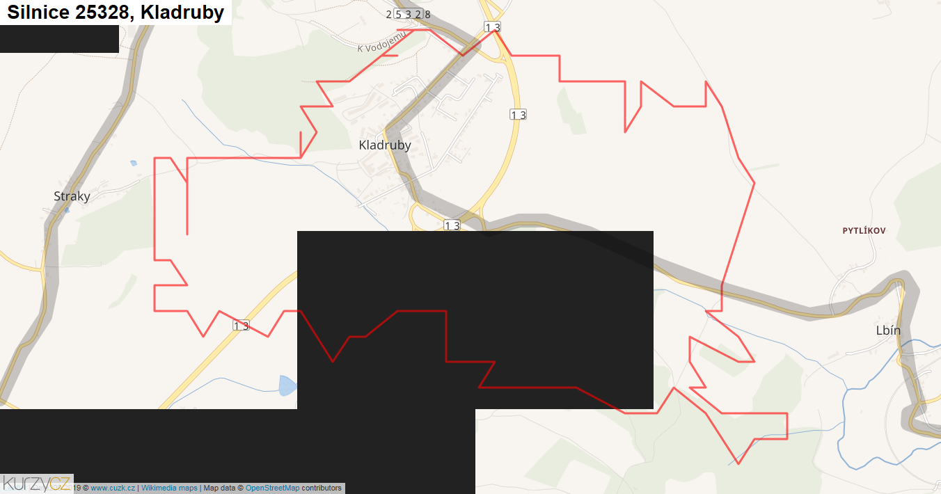 Kladruby, Silnice 25328 - Mapa
