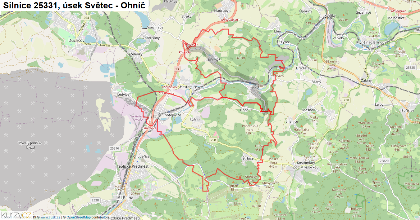 Úsek Světec - Ohníč, Silnice 25331 - Mapa