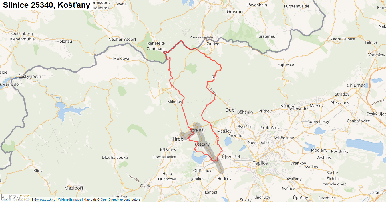Košťany, Silnice 25340 - Mapa