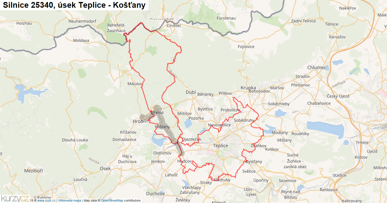 Úsek Teplice - Košťany, Silnice 25340 - Mapa