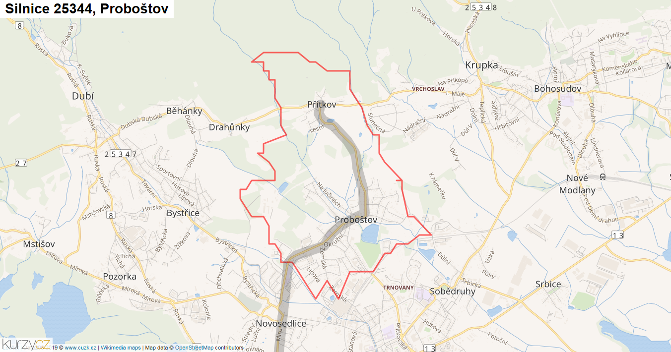 Proboštov, Silnice 25344 - Mapa