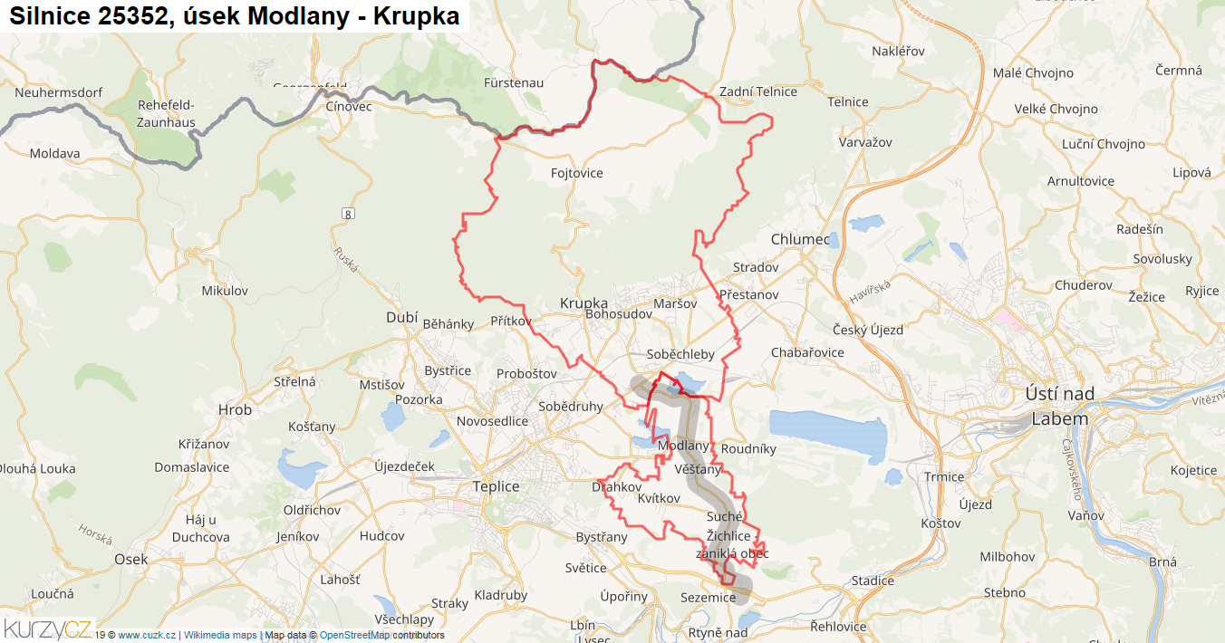 Úsek Modlany - Krupka, Silnice 25352 - Mapa