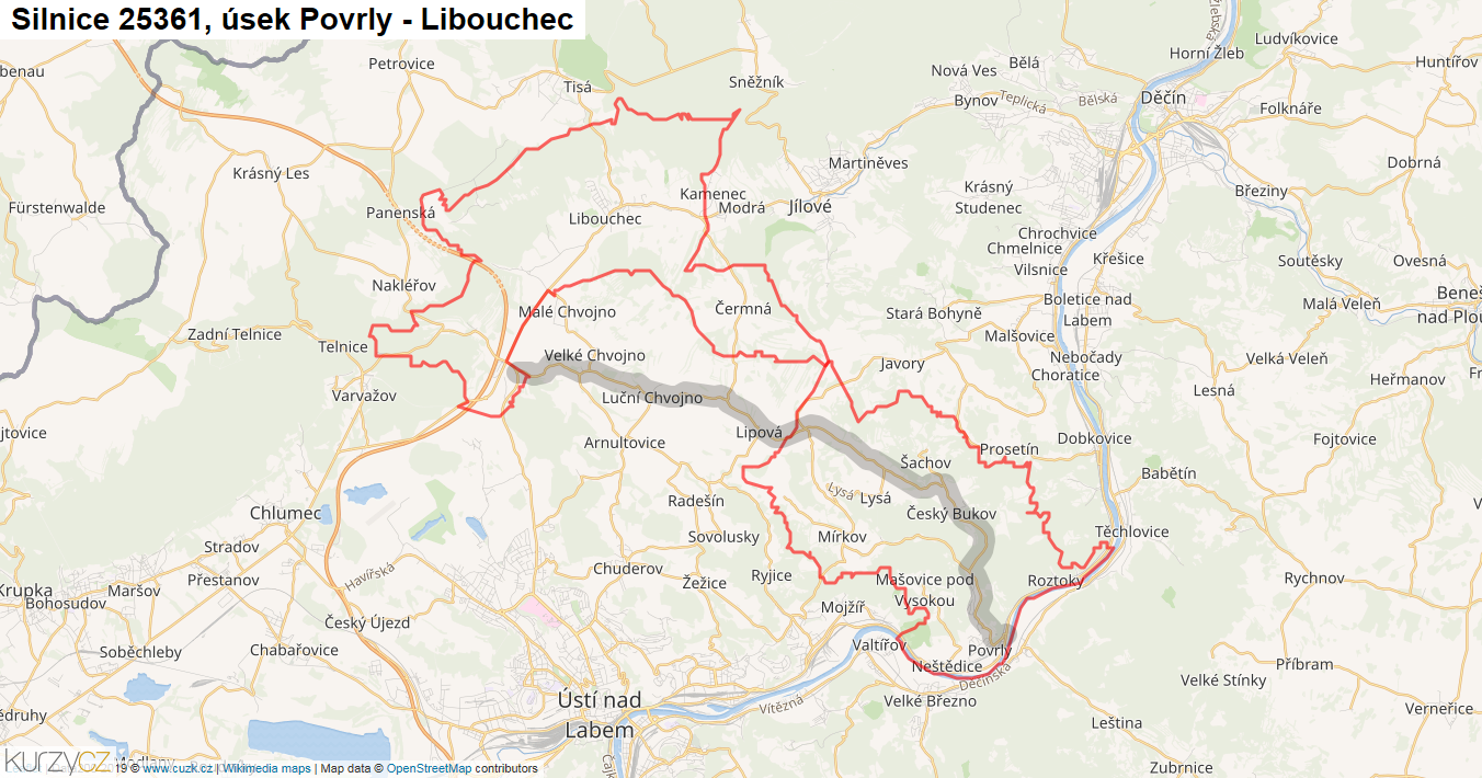 Úsek Povrly - Libouchec, Silnice 25361 - Mapa