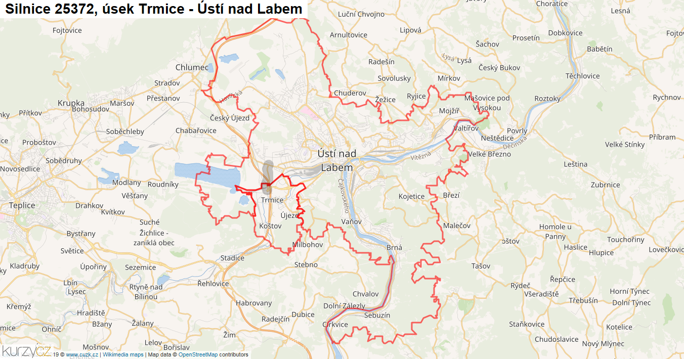 Úsek Trmice - Ústí nad Labem, Silnice 25372 - Mapa