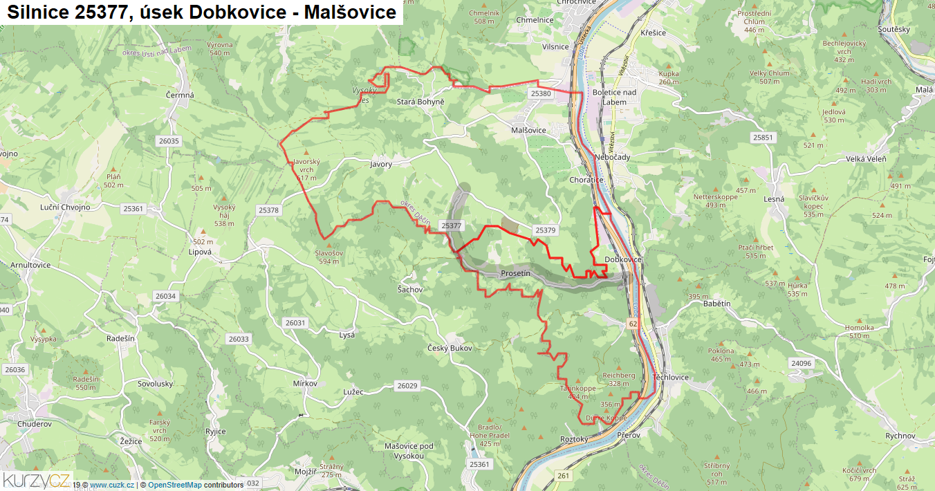 Úsek Dobkovice - Malšovice, Silnice 25377 - Mapa