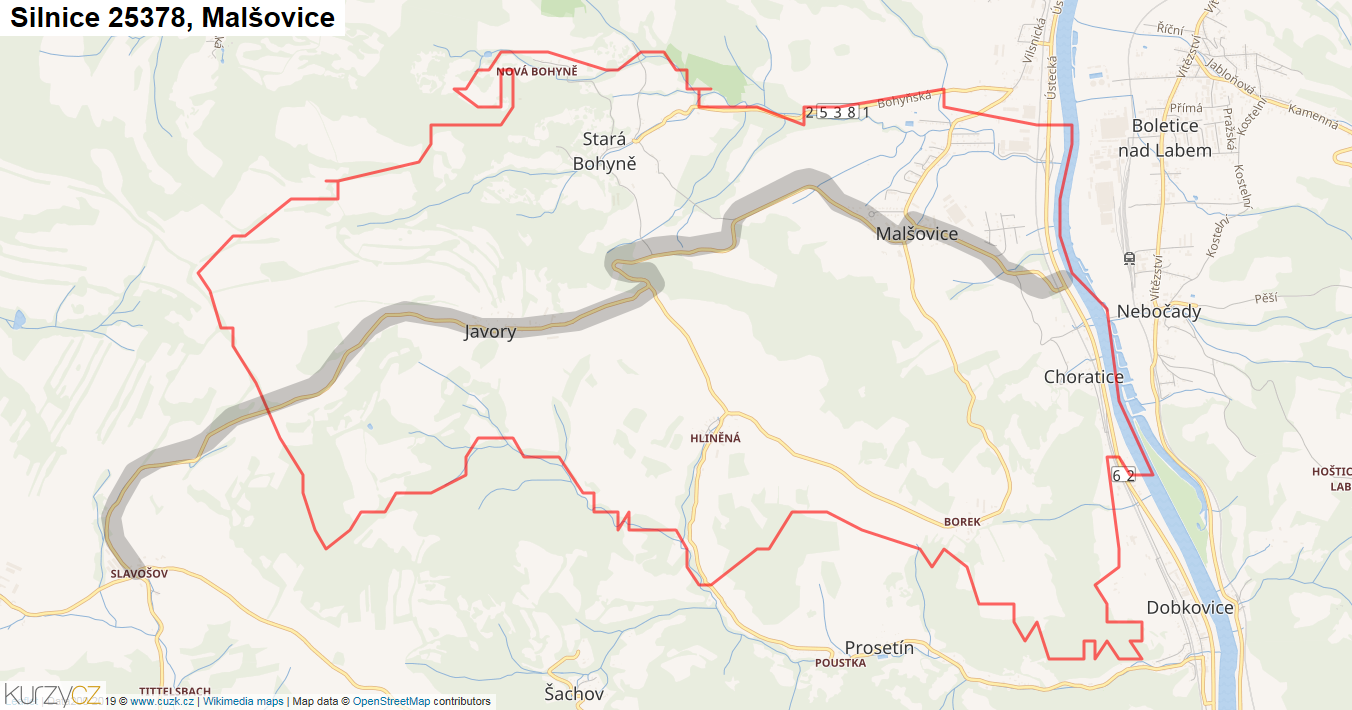 Malšovice, Silnice 25378 - Mapa