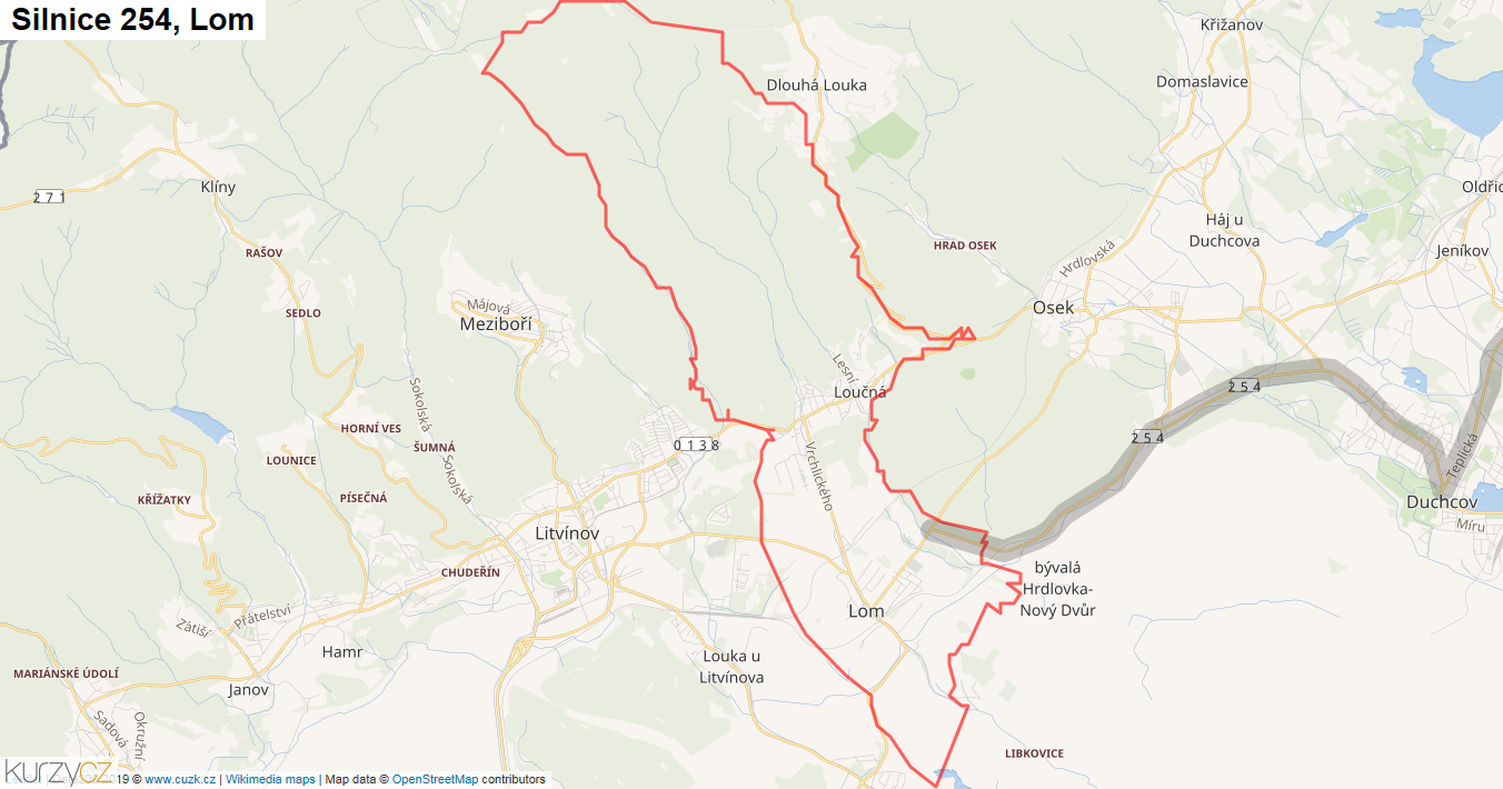 Lom, Silnice 254 - Mapa