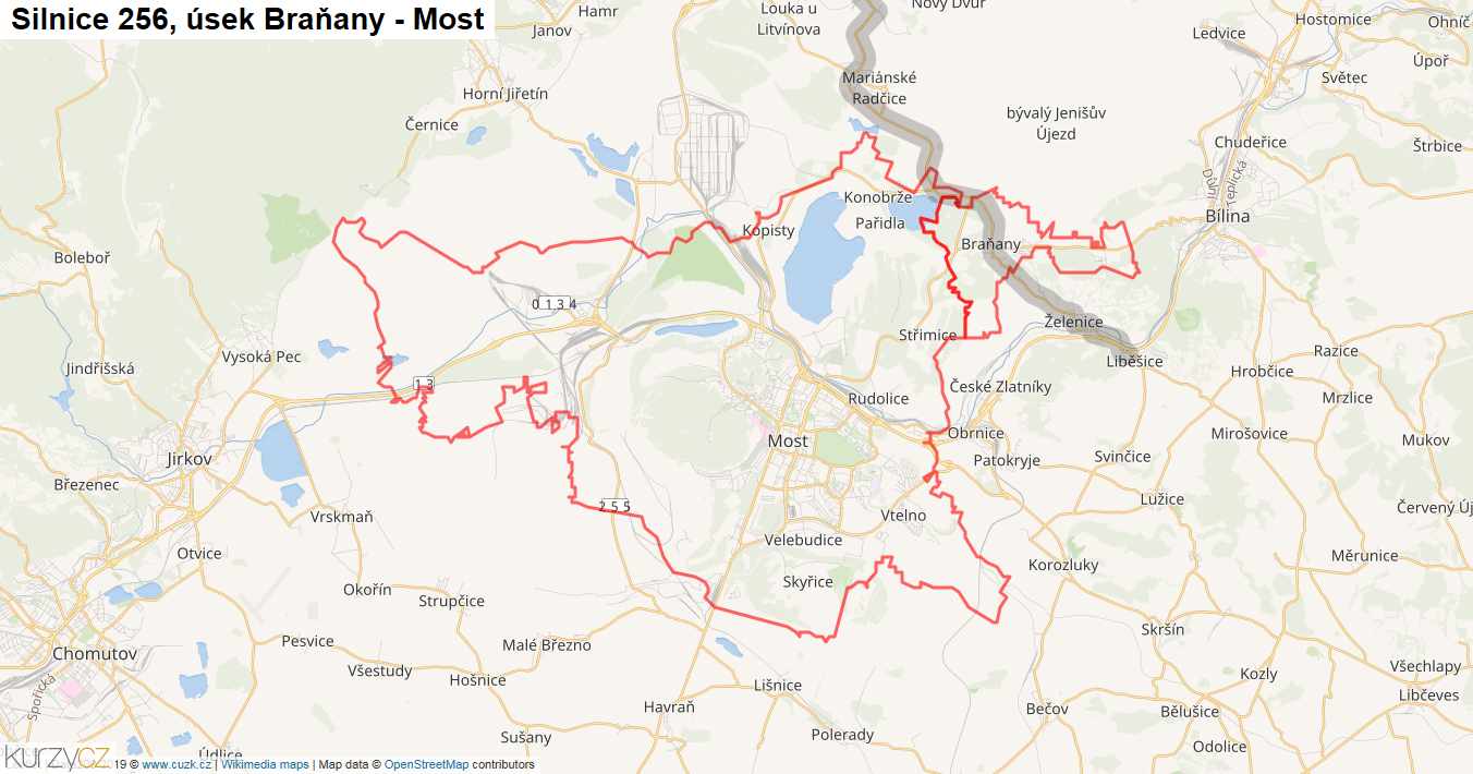 Úsek Braňany - Most, Silnice 256 - Mapa