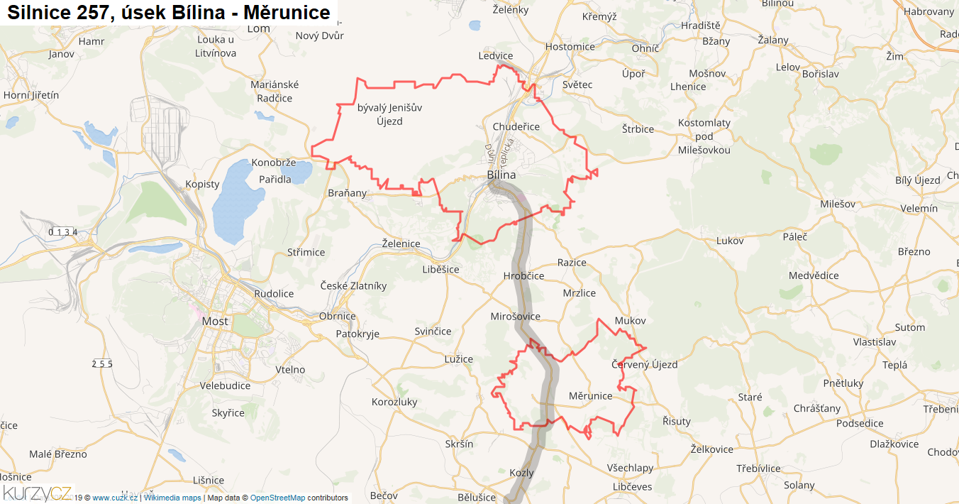Úsek Bílina - Měrunice, Silnice 257 - Mapa