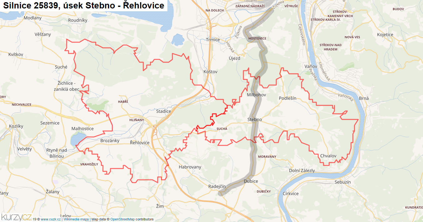 Úsek Stebno - Řehlovice, Silnice 25839 - Mapa