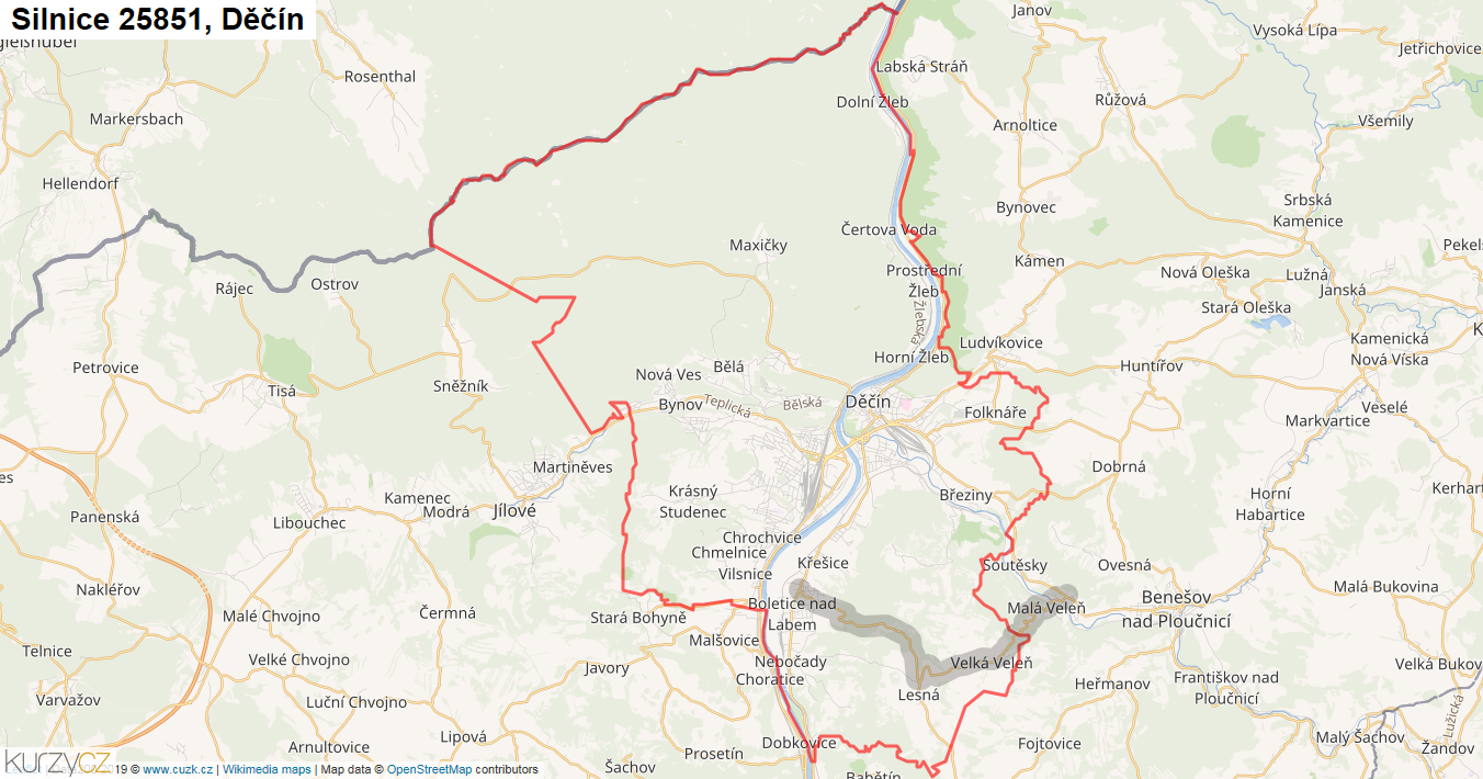 Děčín, Silnice 25851 - Mapa