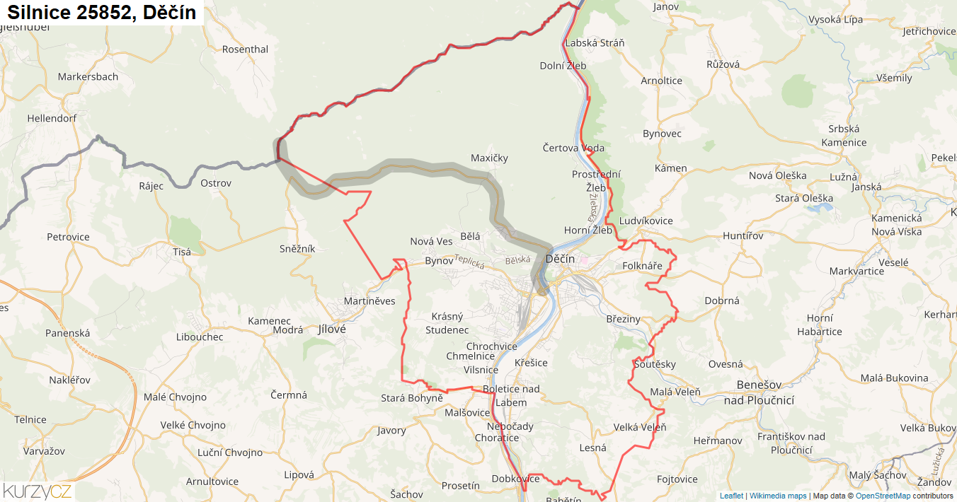 Děčín, Silnice 25852 - Mapa
