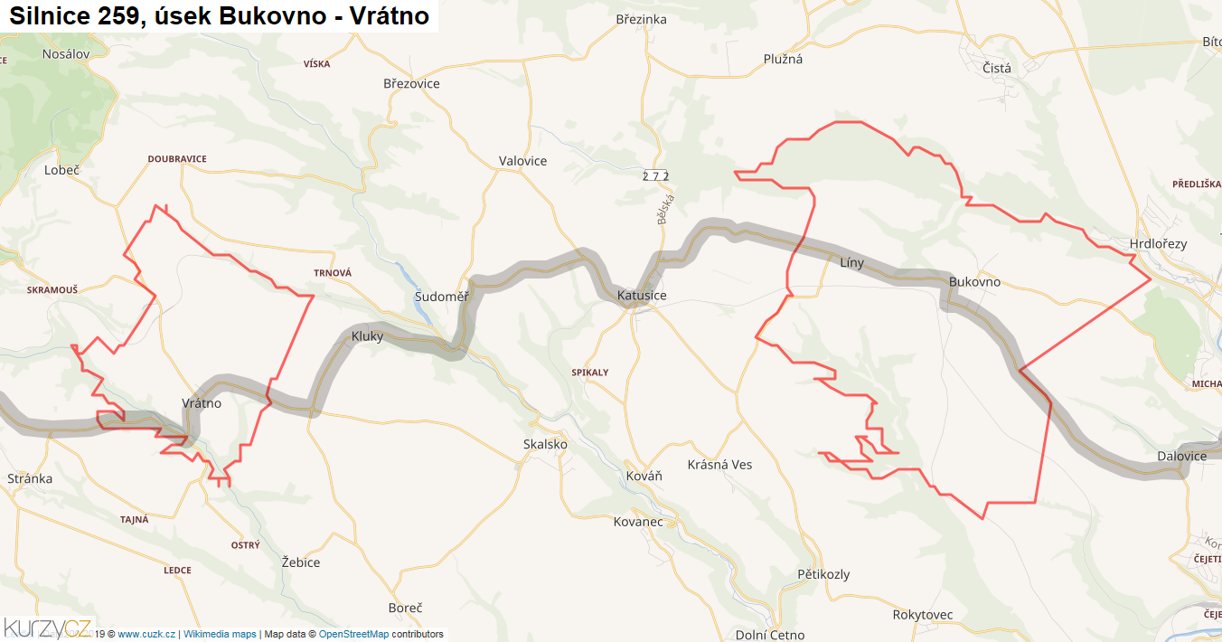 Úsek Bukovno - Vrátno, Silnice 259 - Mapa