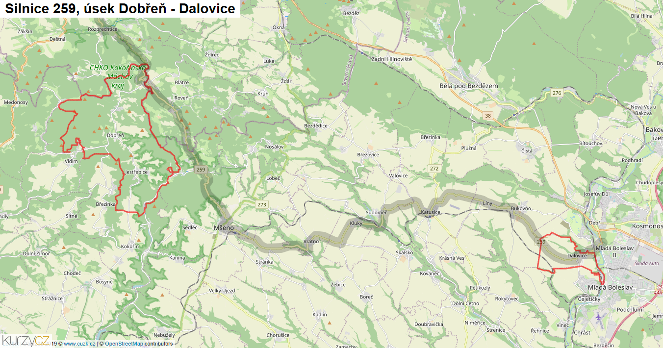 Úsek Dobřeň - Dalovice, Silnice 259 - Mapa