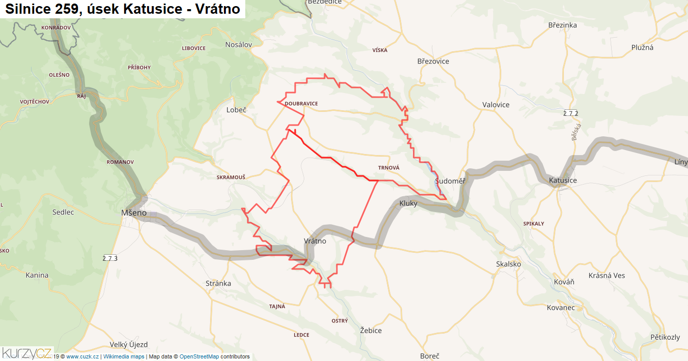 Úsek Katusice - Vrátno, Silnice 259 - Mapa