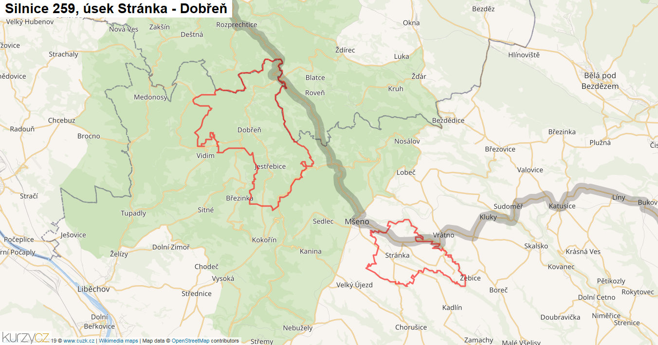 Úsek Stránka - Dobřeň, Silnice 259 - Mapa