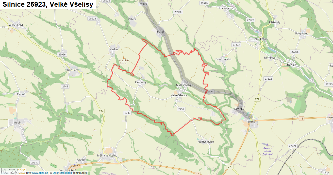 Velké Všelisy, Silnice 25923 - Mapa