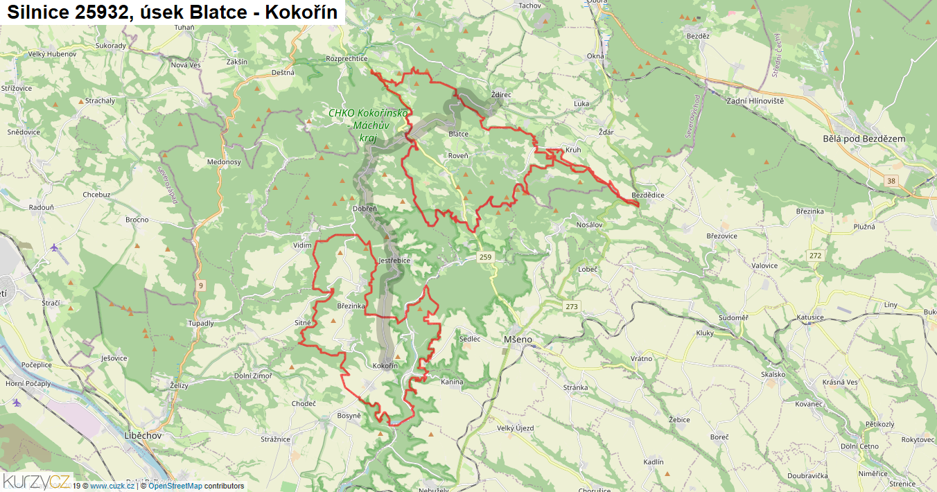 Úsek Blatce - Kokořín, Silnice 25932 - Mapa