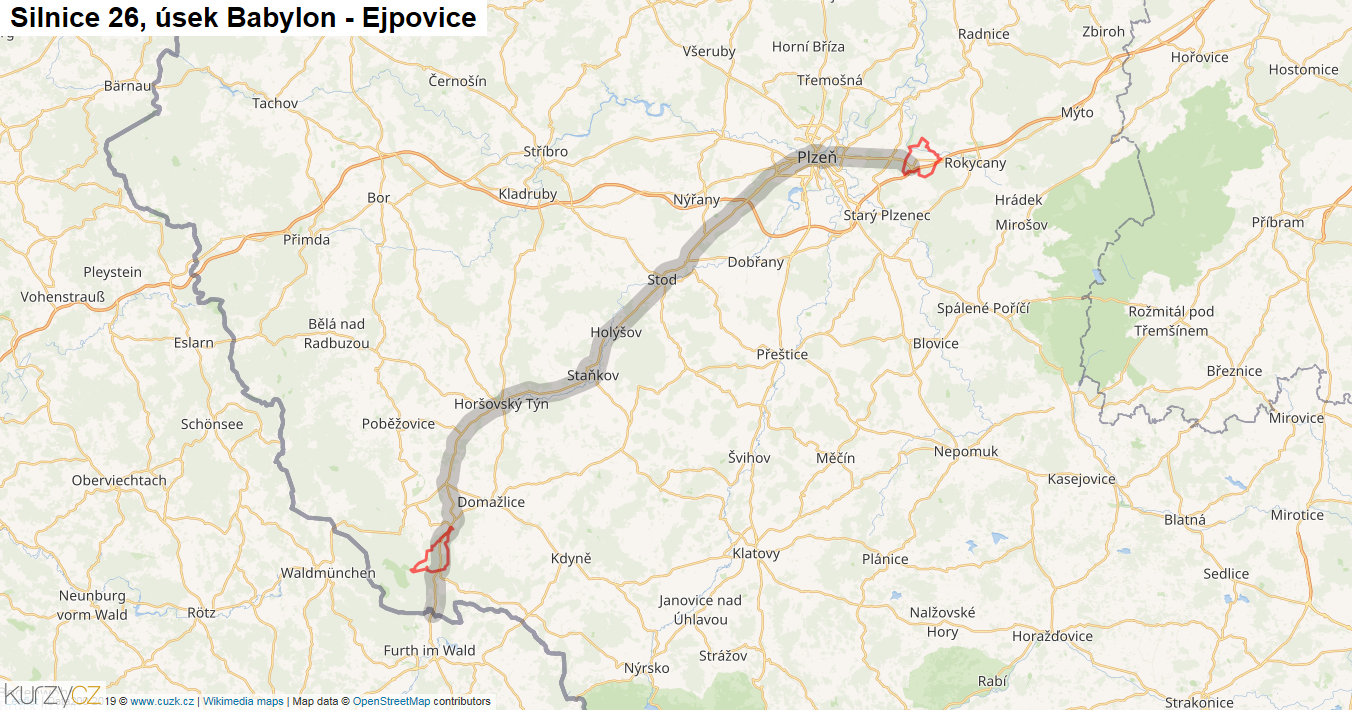 Úsek Babylon - Ejpovice, Silnice 26 - Mapa