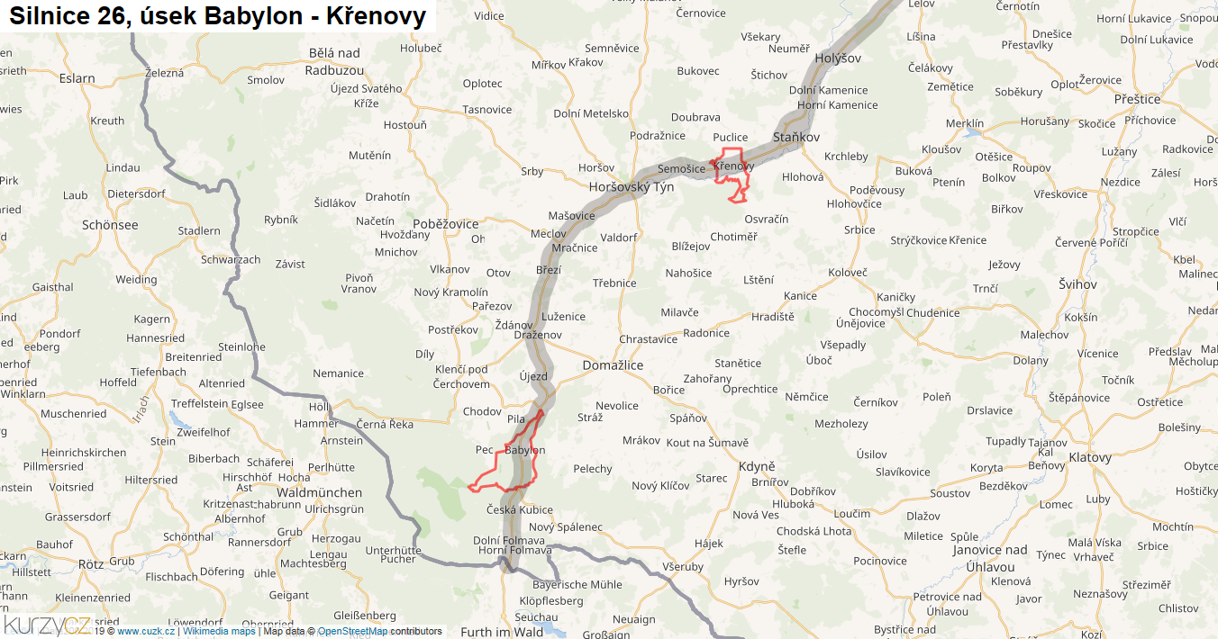 Úsek Babylon - Křenovy, Silnice 26 - Mapa