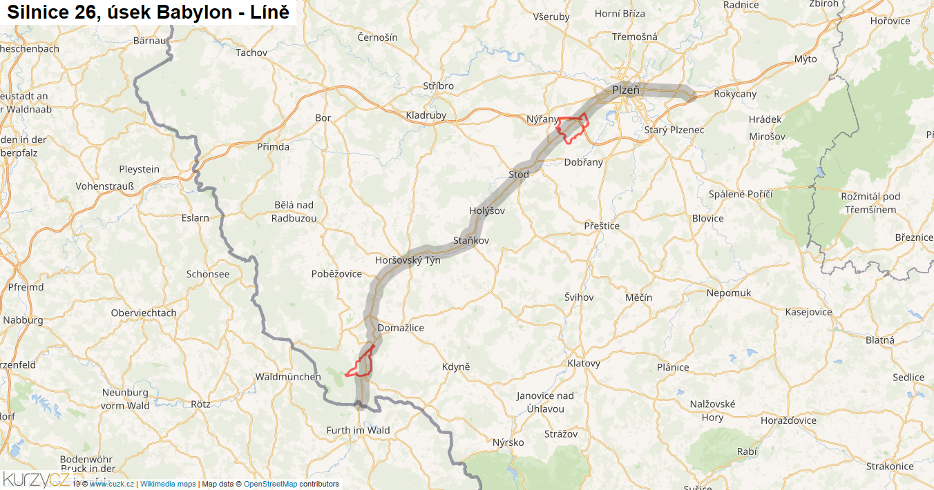 Úsek Babylon - Líně, Silnice 26 - Mapa