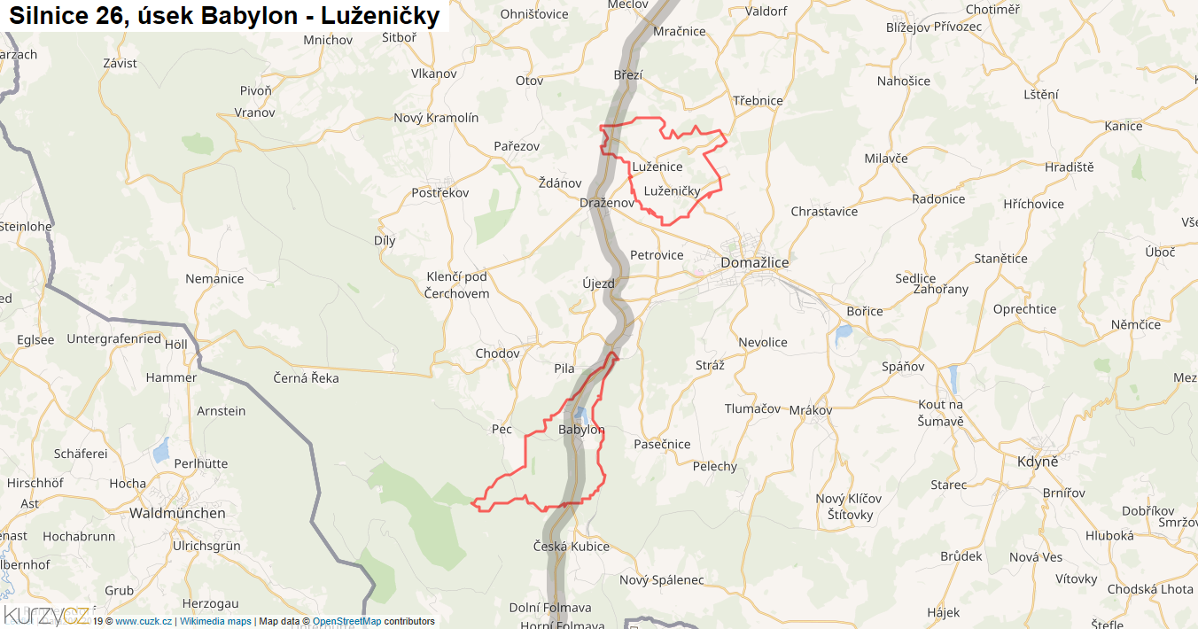 Úsek Babylon - Luženičky, Silnice 26 - Mapa